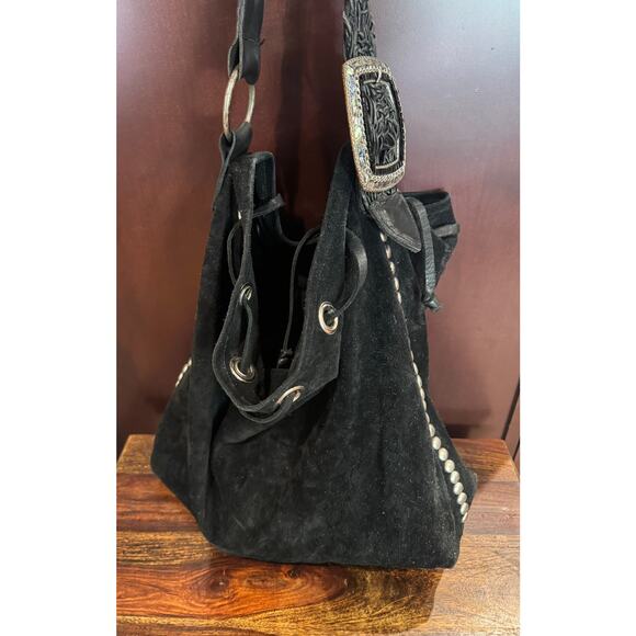 LEATHEROCK USA Black Suede Leather Hobo Silver Studs Indie Boho Bag - Picture 3 of 9